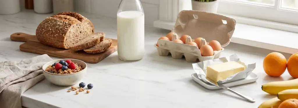 Bread, milk, eggs, fruit, and butter arranged for breakfast